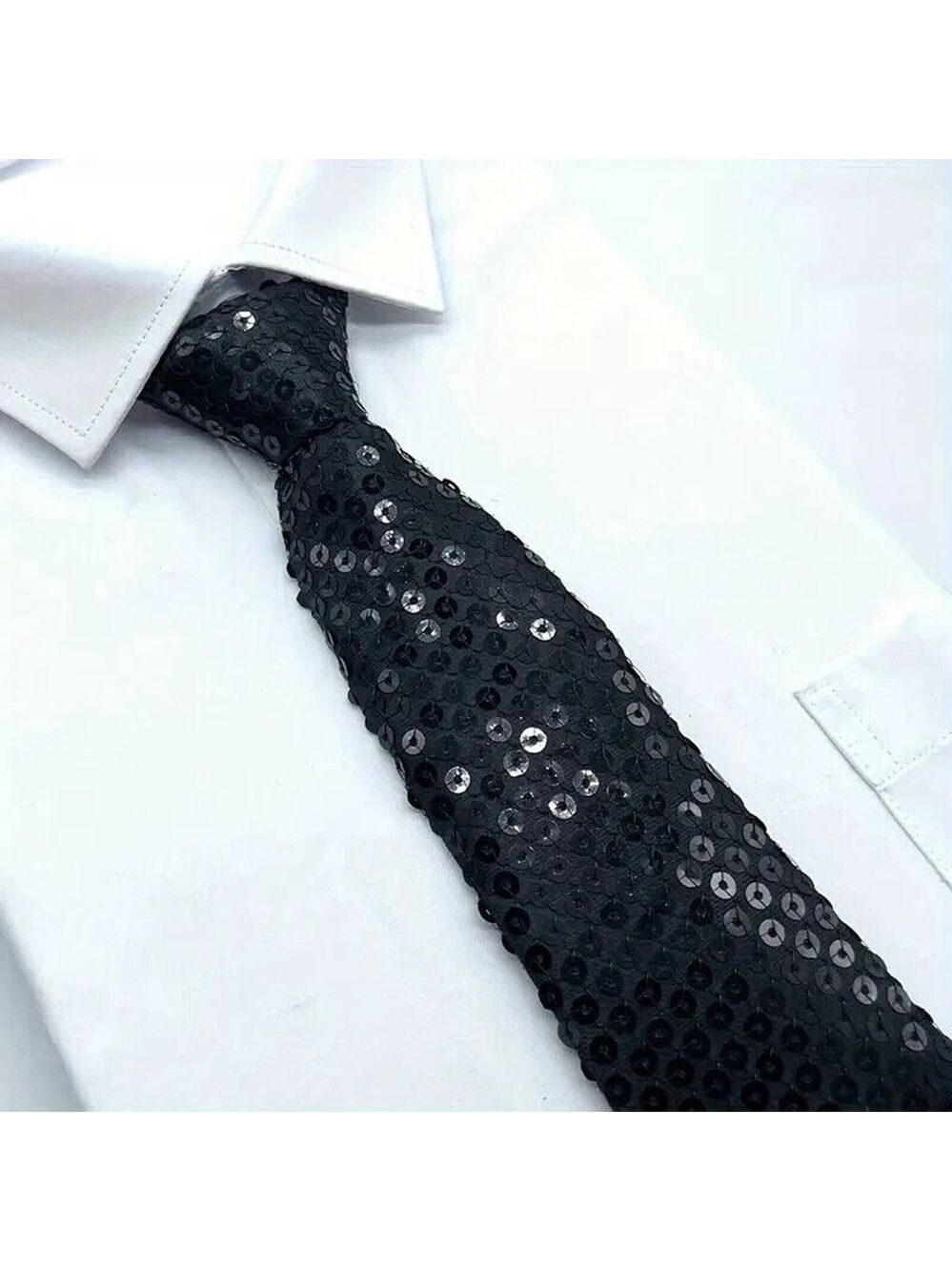 Black Sequin Party Tie – Adjustable Clip-On, 13.8in, Polyester Glitter Tie